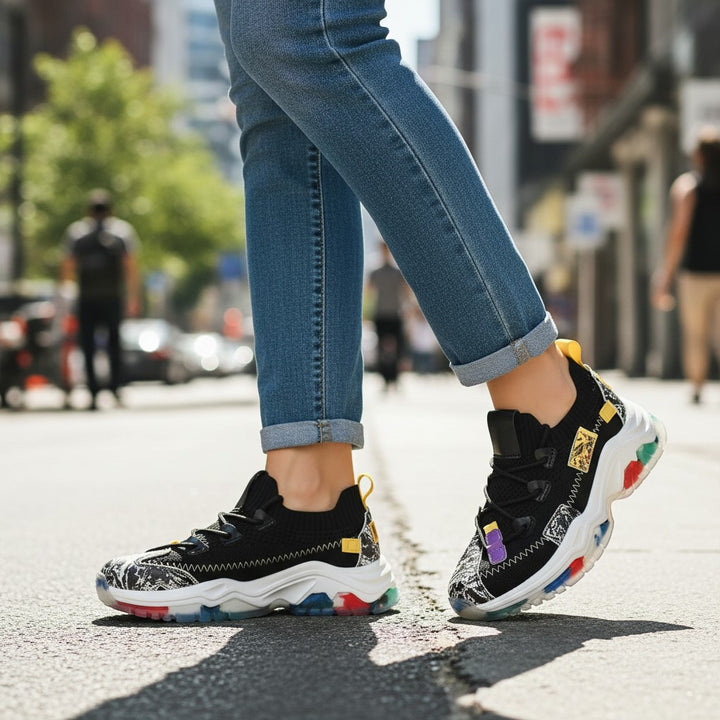 ada-shoes.ro Franco Gerardo black textile sneakers with chunky multi-colored soles worn with blue jeans on a city street