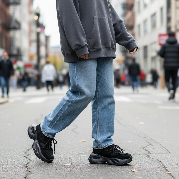 ada-shoes.ro Franco Gerardo 2586-N black suede and textile sneakers with a thick, flexible sole worn on a city street.
