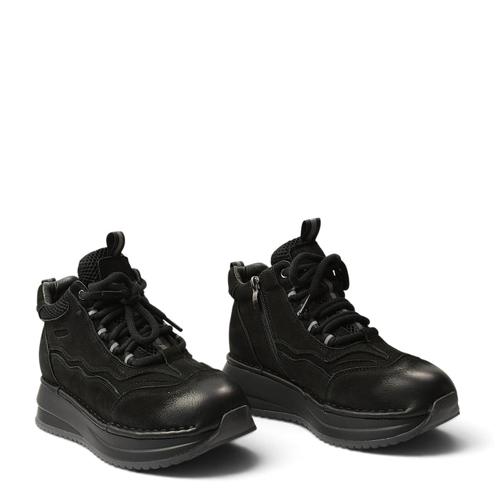 ada-shoes.ro Franco Gerardo black suede casual ankle boots with laces, side zipper, and thick platform sole