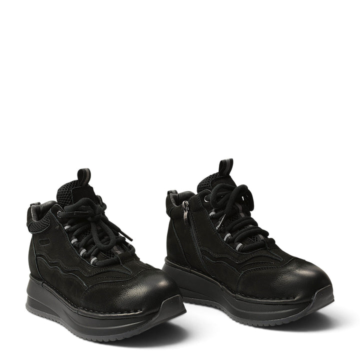ada-shoes.ro Franco Gerardo black suede casual ankle boots with laces, side zipper, and thick platform sole