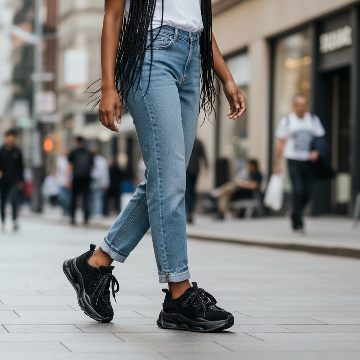 ada-shoes.ro Franco Gerardo black suede sneakers with platform soles worn with blue jeans on a city street