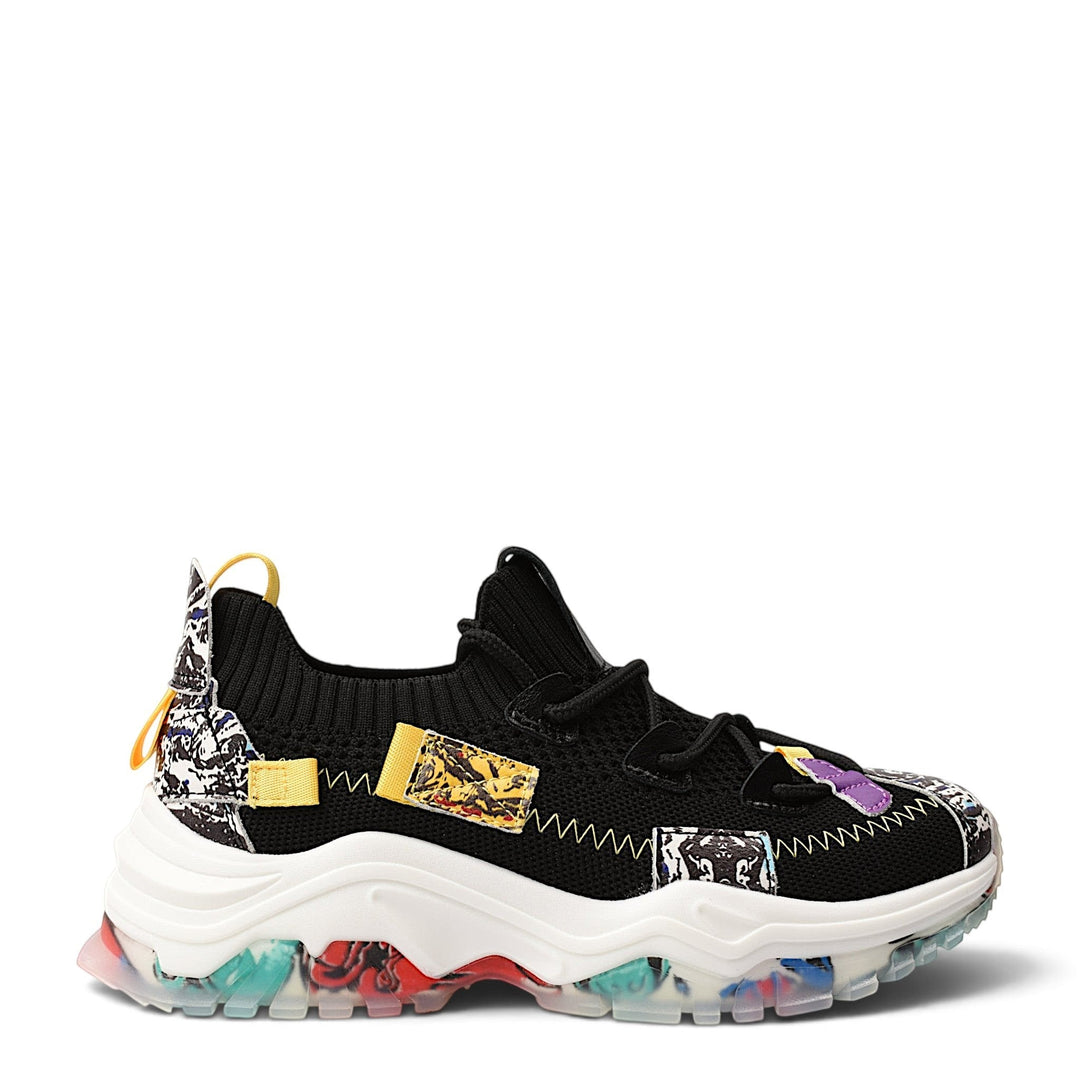 ada-shoes.ro Franco Gerardo black textile sneakers with a chunky, colorful patterned sole and lace-up design.
