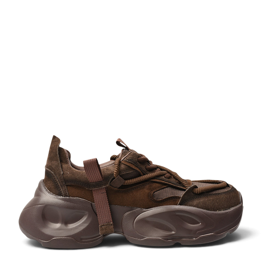 ada-shoes.ro Franco Gerardo brown suede and textile sneakers with a chunky platform sole and lace-up closure.