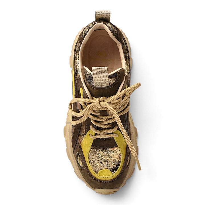 ada-shoes.ro Franco Gerardo brown suede sneakers with gold metallic accents, lace-up closure, and chunky sole.