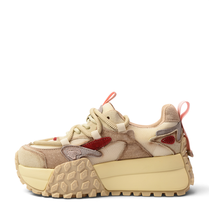 ada-shoes.ro Franco Gerardo sneakers in cream and beige suede and textile with chunky sculptural sole and red accents