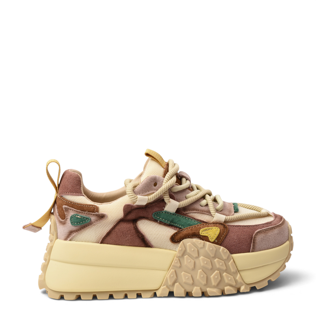 ada-shoes.ro Franco Gerardo chunky sneakers in pink, yellow, and green suede and textile with a sculptural sole.