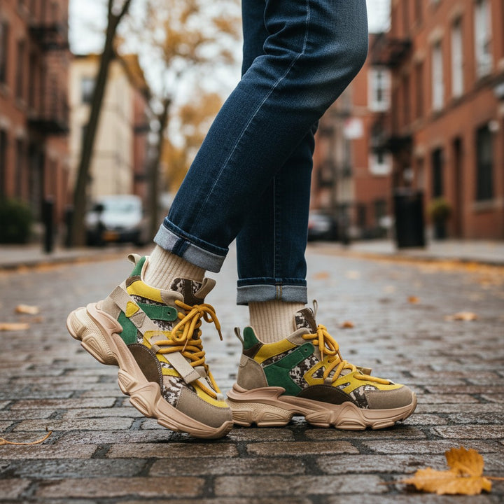 ada-shoes.ro Franco Gerardo Ghete Y5759-1G-G sneakers in green, yellow, and beige with chunky soles on a city street