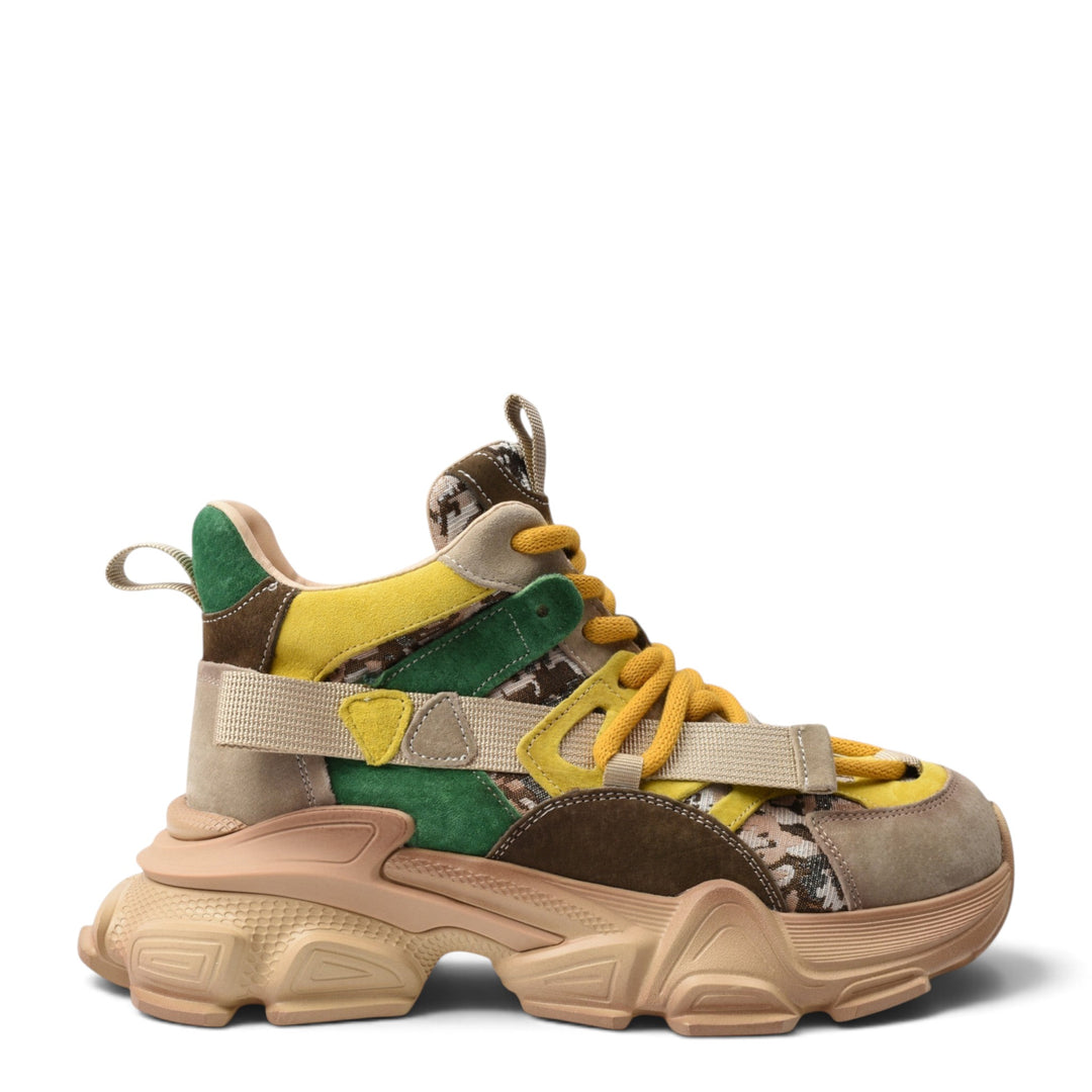 ada-shoes.ro Franco Gerardo chunky sneakers in multi-colour suede and fabric with yellow laces and thick beige sole