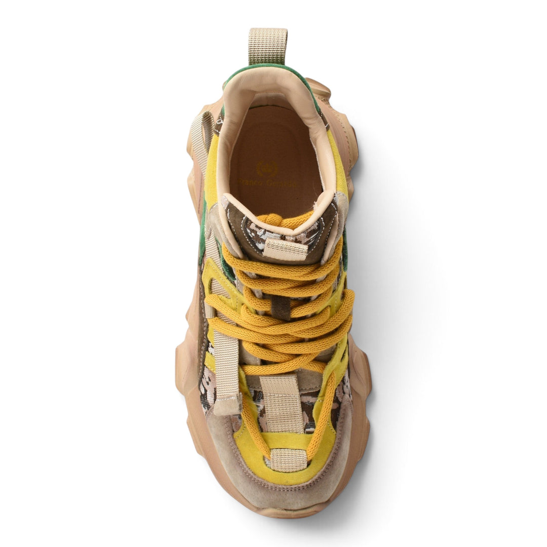 ada-shoes.ro Franco Gerardo chunky sneakers in yellow, beige, and green with textured panels and thick rubber soles.