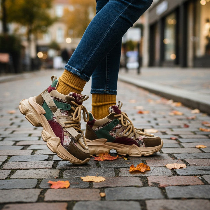 ada-shoes.ro Franco Gerardo Ghete Y5759-1G-B chunky sneakers with floral pattern, suede, and green accents on cobblestone