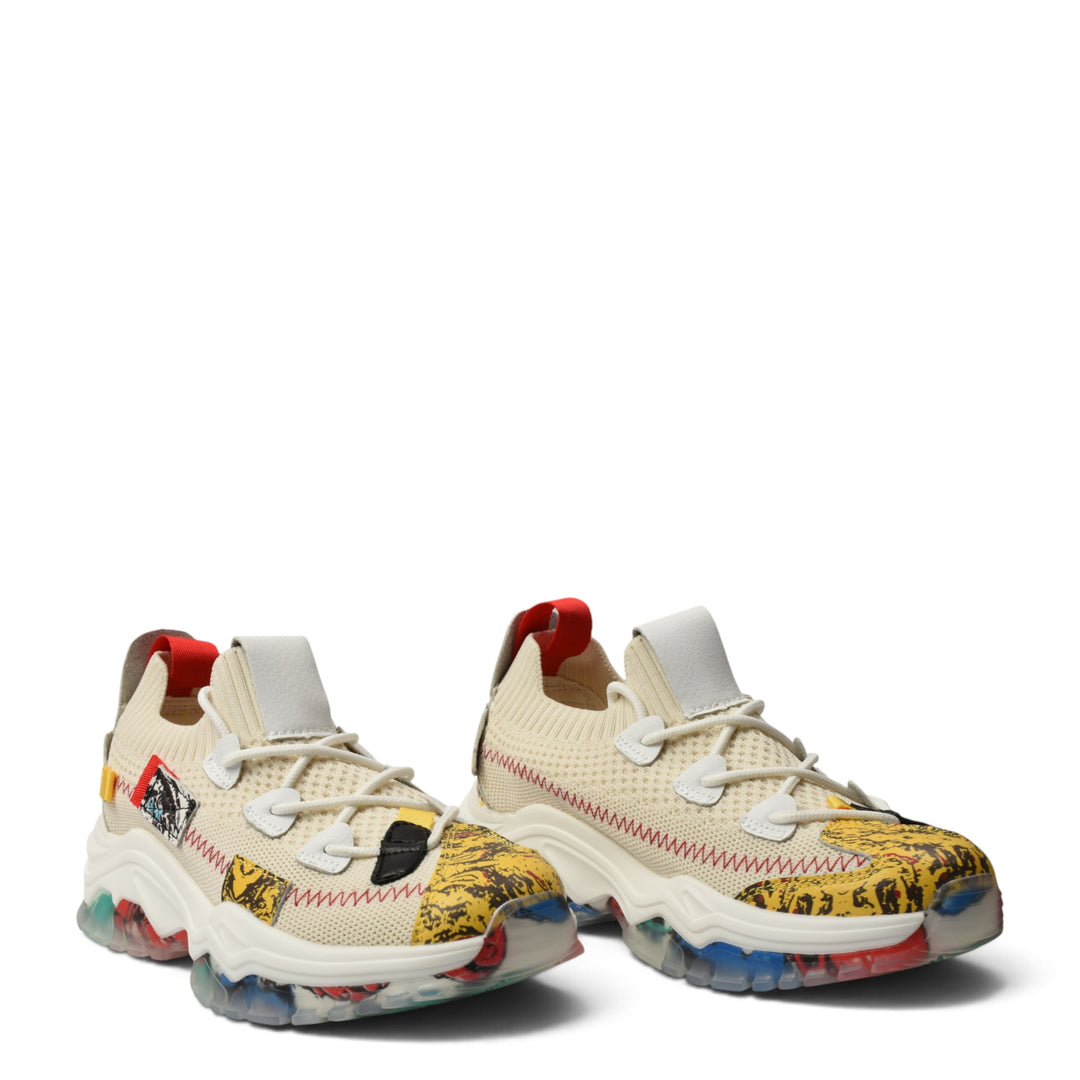 ada-shoes.ro Franco Gerardo cream textile sneakers with yellow patterned accents and a thick, colorful chunky sole.