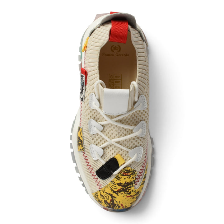 ada-shoes.ro Franco Gerardo cream textile sneakers with lace-up closure and decorative yellow patterned accents
