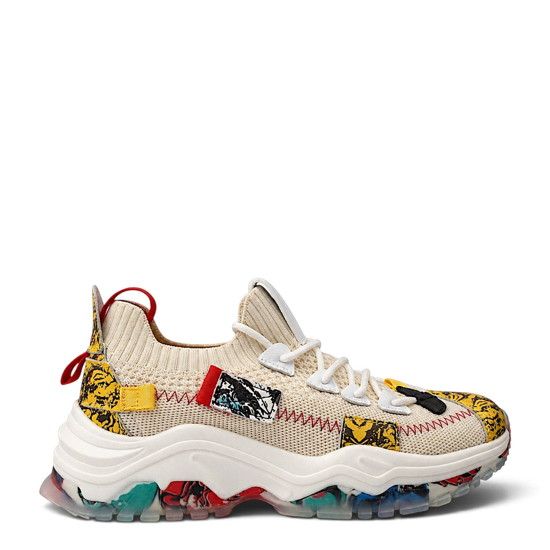 ada-shoes.ro Franco Gerardo cream textile sneakers with lace-up closure, yellow patterned accents, and chunky sole.