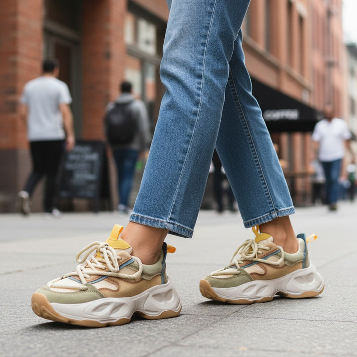 ada-shoes.ro Franco Gerardo sneakers in green and beige suede and textile, worn with blue jeans on a city street.