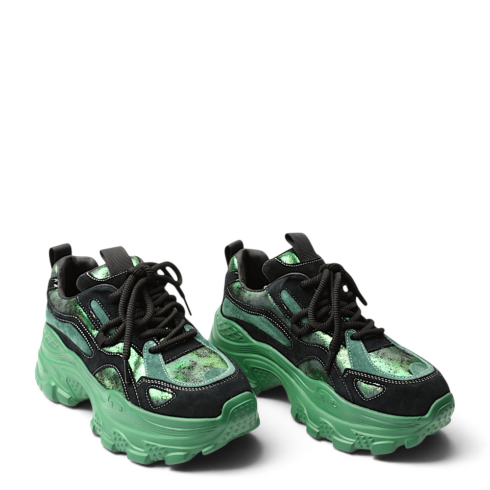 ada-shoes.ro Franco Gerardo green sneakers in natural leather and suede with a chunky 5cm platform sole and laces.