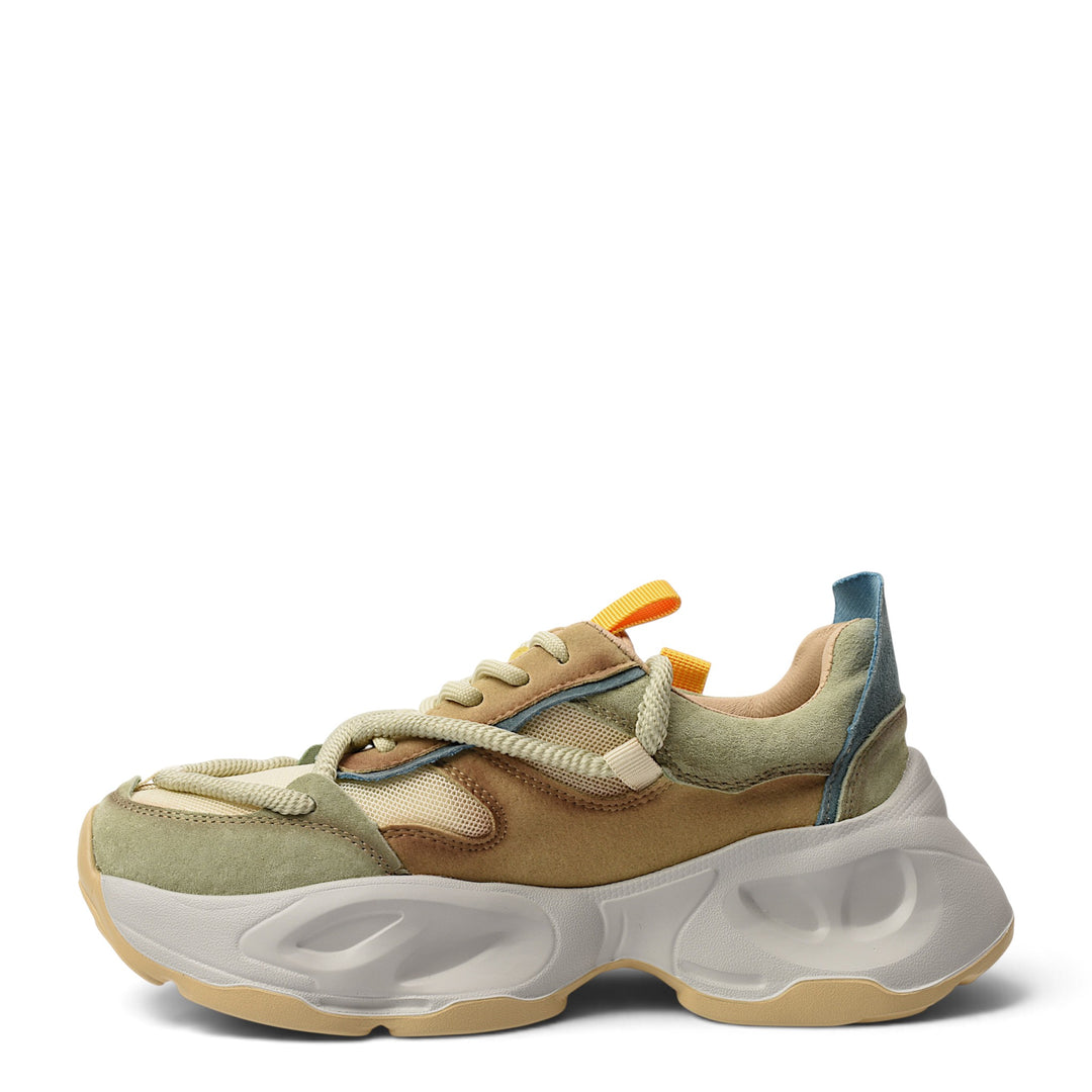 ada-shoes.ro Franco Gerardo sneakers in green and tan suede and textile with a chunky platform sole and lace-up closure.