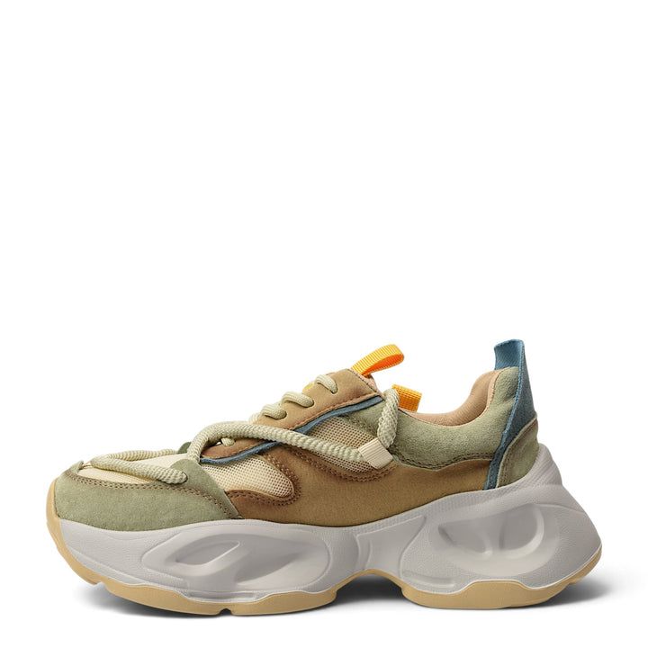ada-shoes.ro Franco Gerardo sneakers in green and tan suede and textile with a chunky platform sole and lace-up closure.