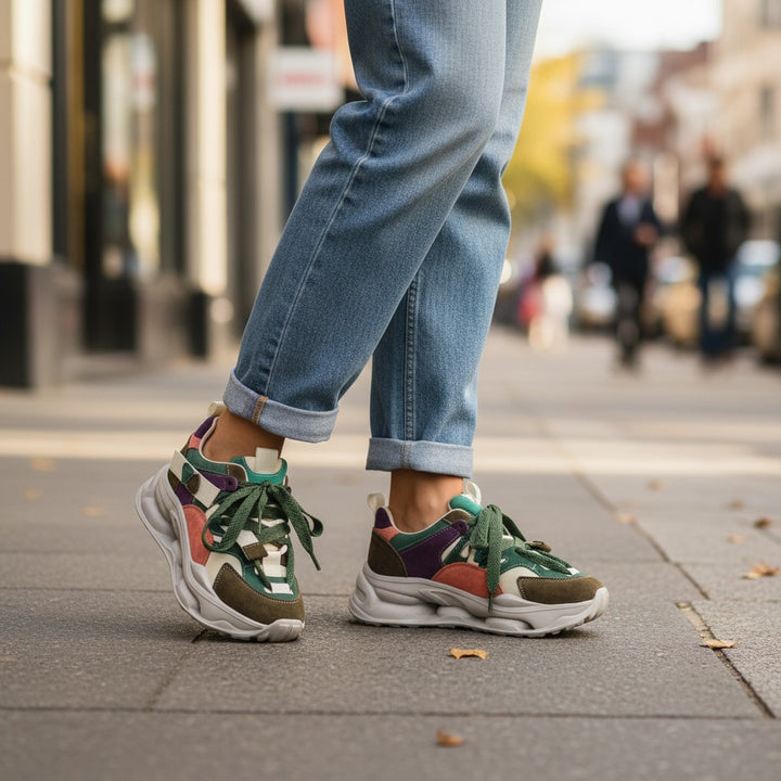 ada-shoes.ro Franco Gerardo S5351-V green suede sneakers with platform sole worn with jeans on a city street