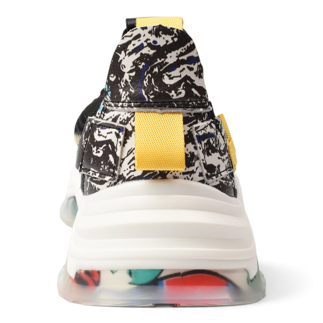 ada-shoes.ro Franco Gerardo sneakers featuring a black and white patterned textile upper with yellow heel tab detail