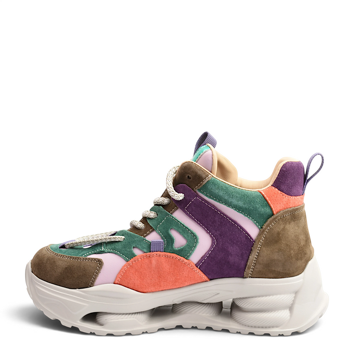 ada-shoes.ro Franco Gerardo suede chunky sneakers in a vibrant mix of brown, purple, orange, green, and beige.
