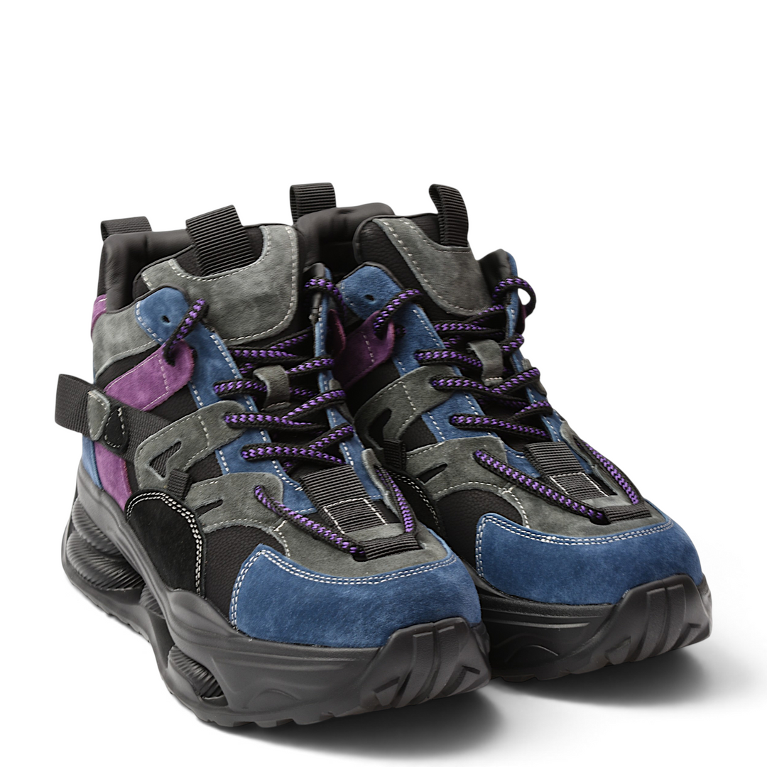 ada-shoes.ro Franco Gerardo suede chunky sneakers in black, blue, purple, and grey with lace-up closure.