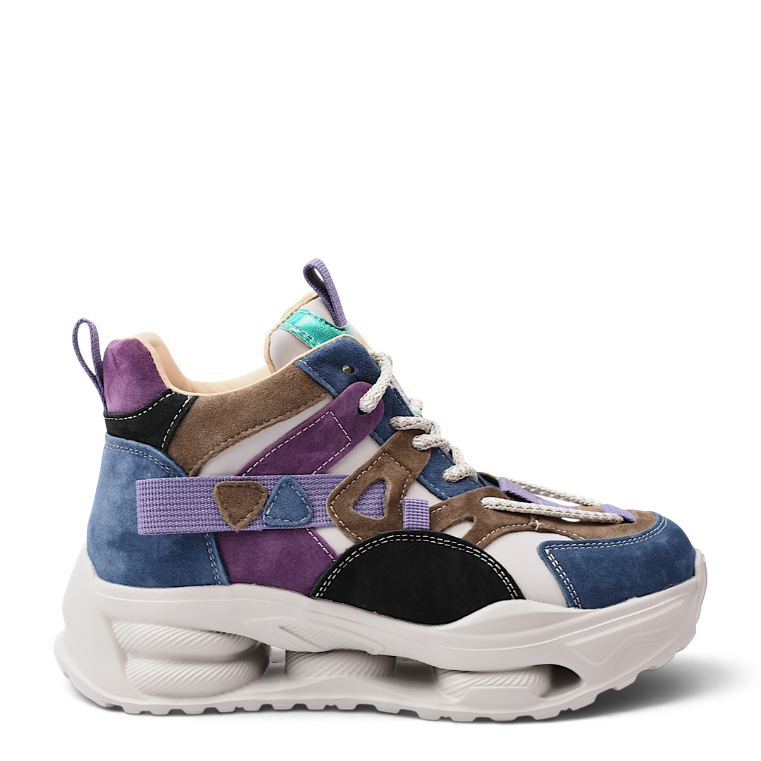 ada-shoes.ro Franco Gerardo suede chunky sneakers in black, blue, purple, and beige with a thick sculptural sole