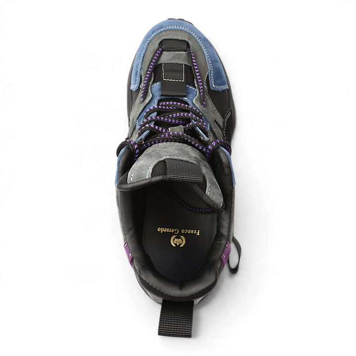 Top view of ada-shoes.ro Franco Gerardo suede sneakers in black, blue, purple, and grey with chunky soles and laces.