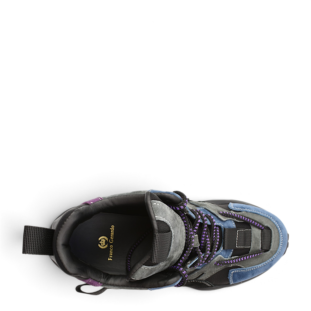 Top view of ada-shoes.ro Franco Gerardo suede sneakers in black, blue, purple, and grey with chunky soles and laces.