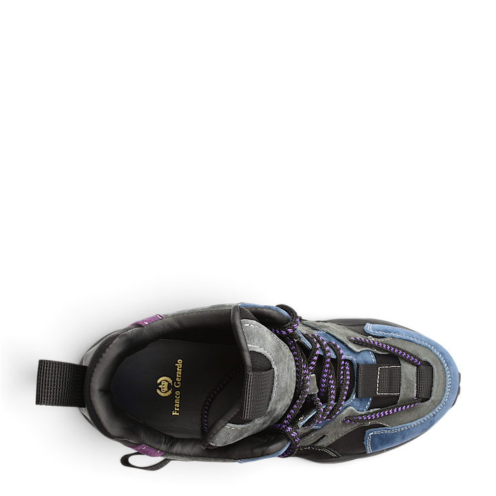 Top view of ada-shoes.ro Franco Gerardo suede sneakers in black, blue, purple, and grey with chunky soles and laces.