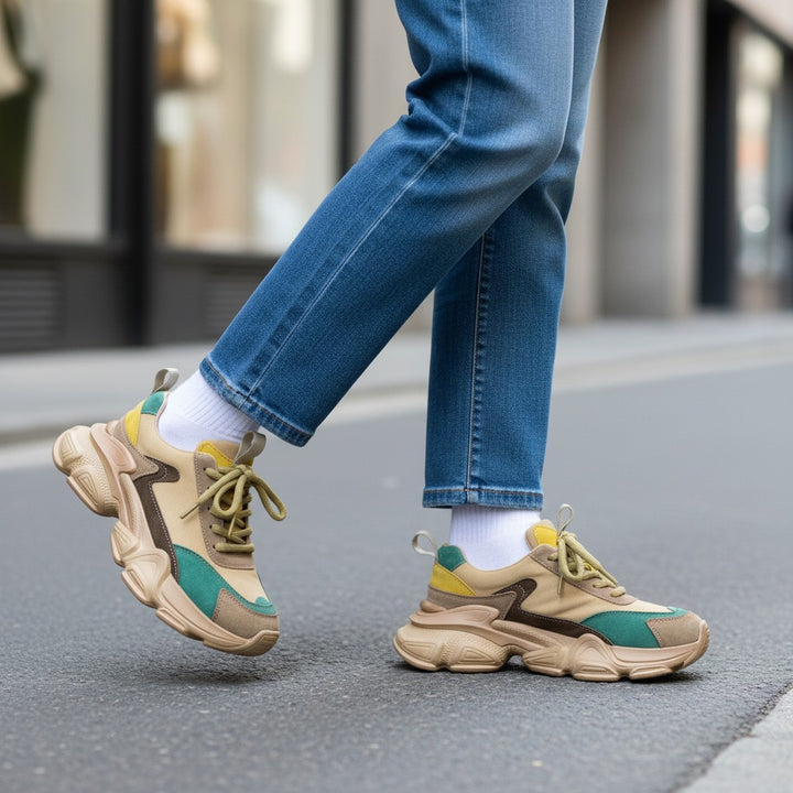 ada-shoes.ro green and beige suede sneakers with chunky soles worn with blue jeans on a city street
