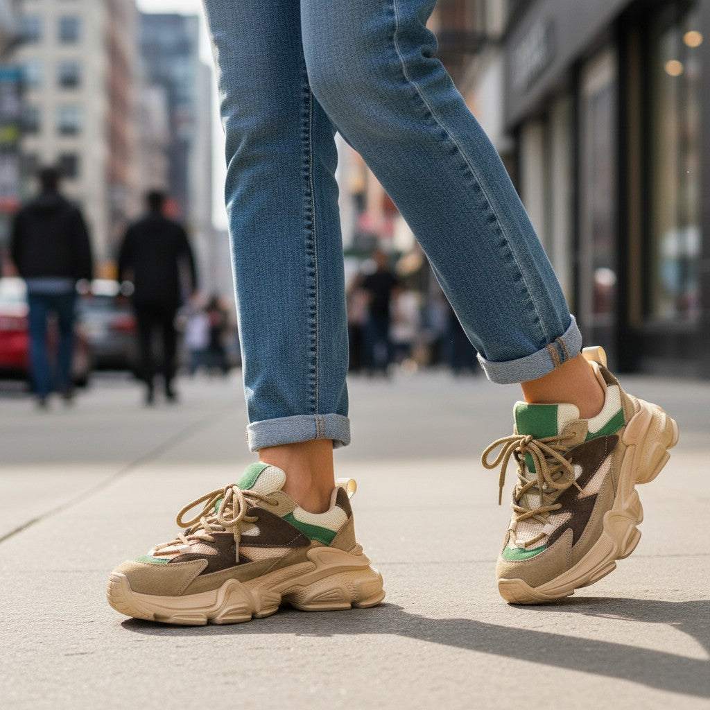 ada-shoes.ro green and beige suede sneakers with chunky soles worn with blue jeans on a city street