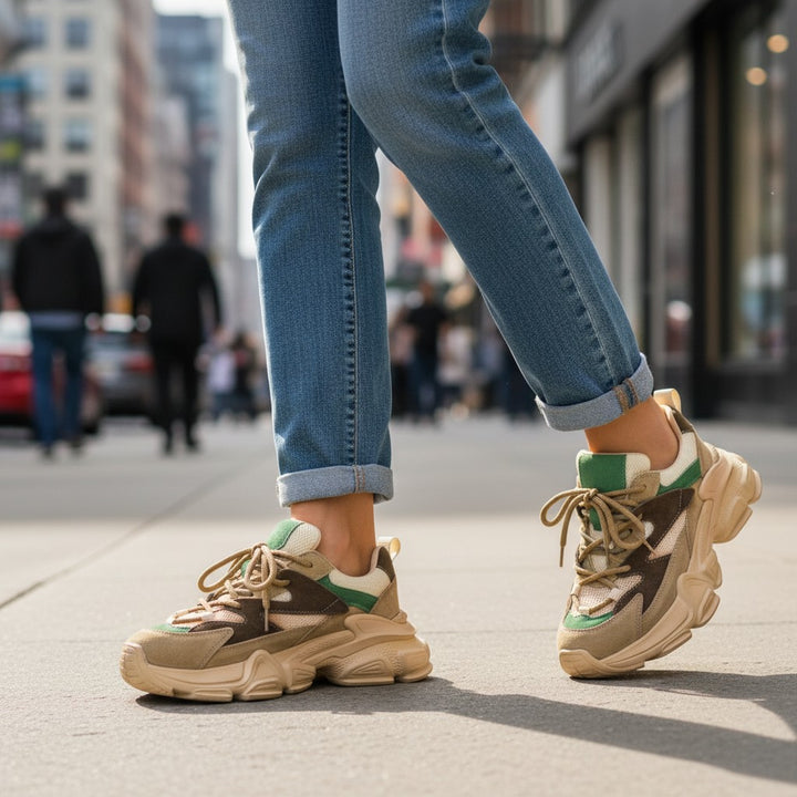 ada-shoes.ro green and beige suede sneakers with chunky soles worn with blue jeans on a city street