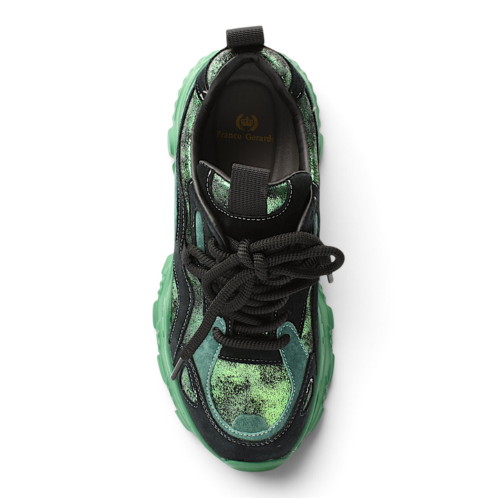 ada-shoes.ro Franco Gerardo green and black leather sneakers with suede accents and a chunky 5cm platform sole.