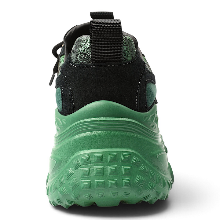 ada-shoes.ro Franco Gerardo green and black leather sneakers with a chunky 5cm platform sole, rear view.