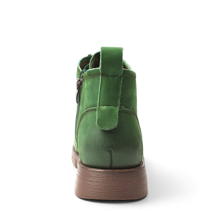 Back view of green Formazione casual ankle boots from ada-shoes.ro with a flexible brown sole and zipper detail.