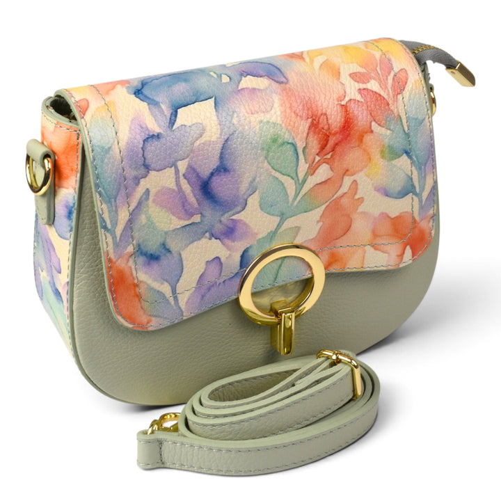 ada-shoes.ro green leather crossbody bag with a floral watercolour print flap and gold-tone metal ring clasp