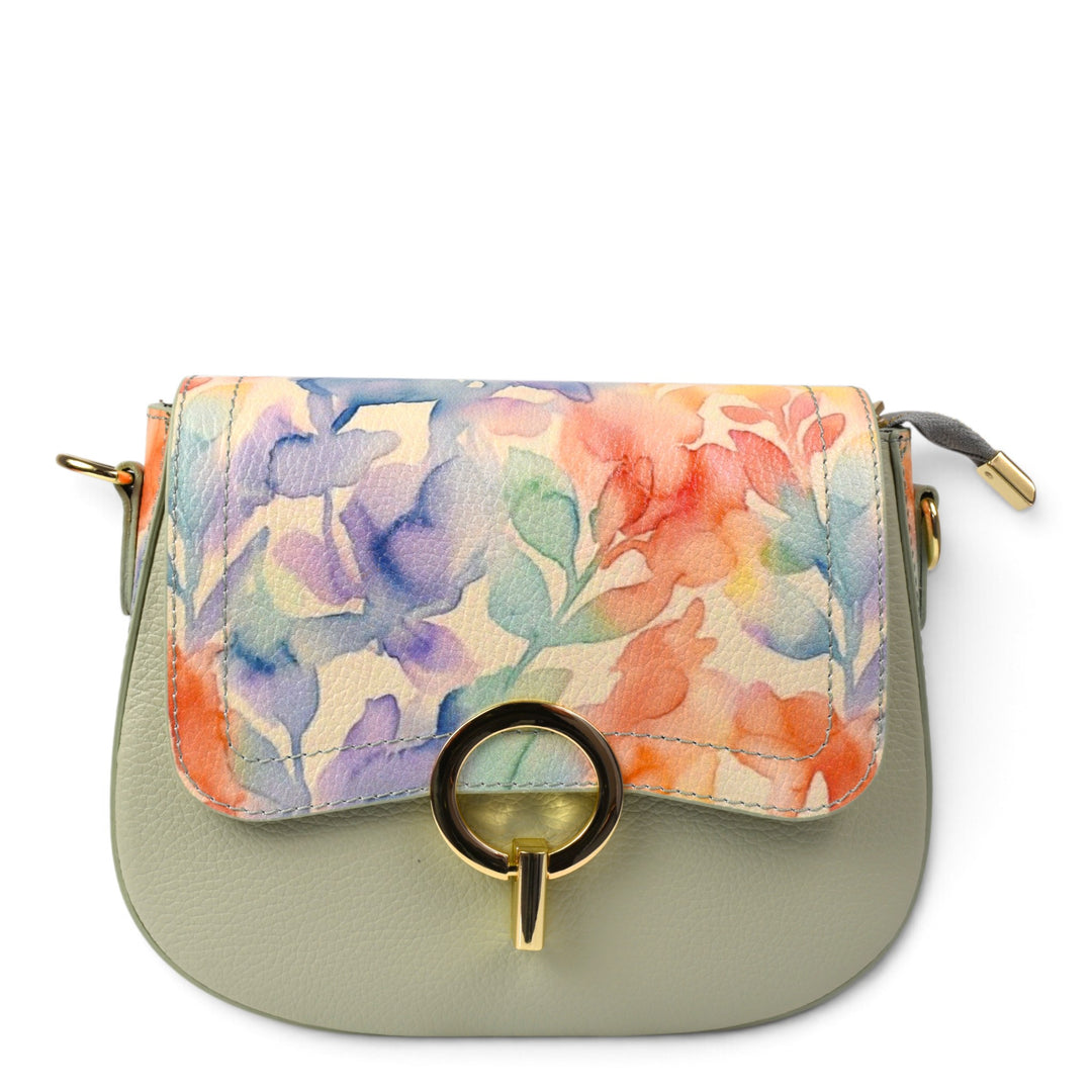 ada-shoes.ro green leather handbag with a floral print flap, gold ring clasp, and zip closure.