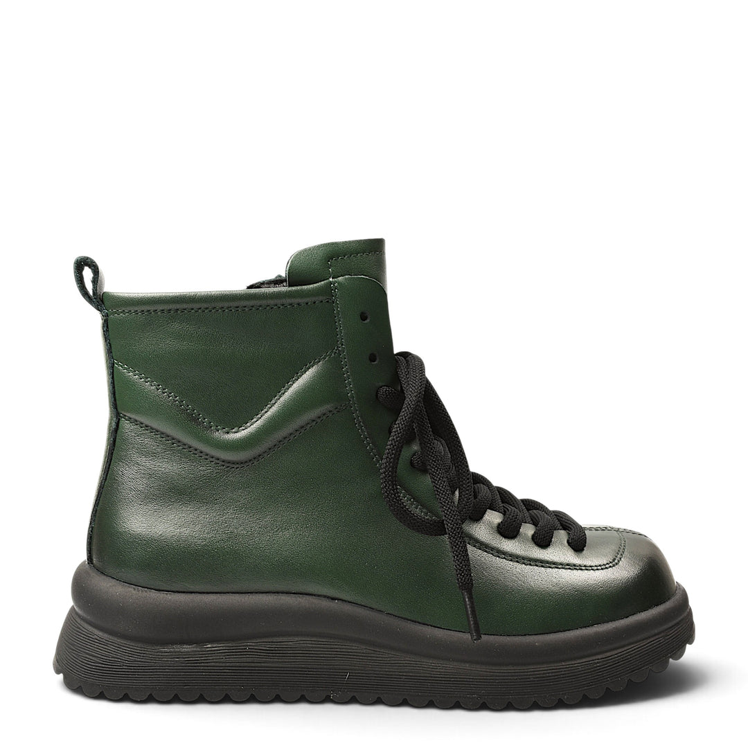 ada-shoes.ro green leather casual ankle boots with black laces and a thick flexible sole for everyday comfort
