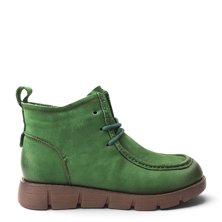 ada-shoes.ro green casual ankle boots with leather upper, lace-up and zipper closure, and a flexible brown sole.
