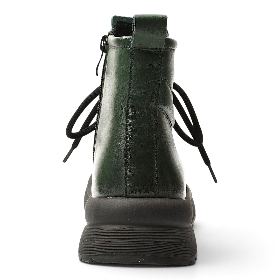 ada-shoes.ro Formazione green leather casual boots featuring a thick black sole, back view with laces and side zipper.