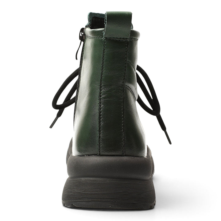 ada-shoes.ro Formazione green leather casual boots featuring a thick black sole, back view with laces and side zipper.