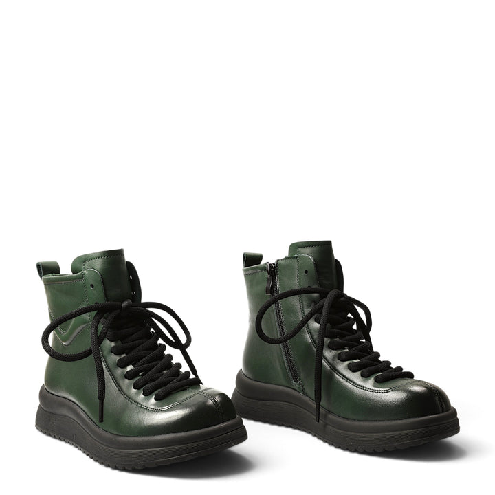 ada-shoes.ro Formazione green leather casual boots with black laces, side zipper, and a flexible platform sole.