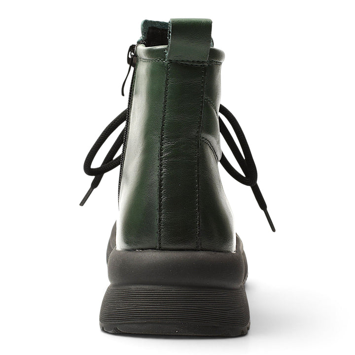 ada-shoes.ro Formazione green leather casual boots featuring a thick black sole, back view with laces and side zipper.