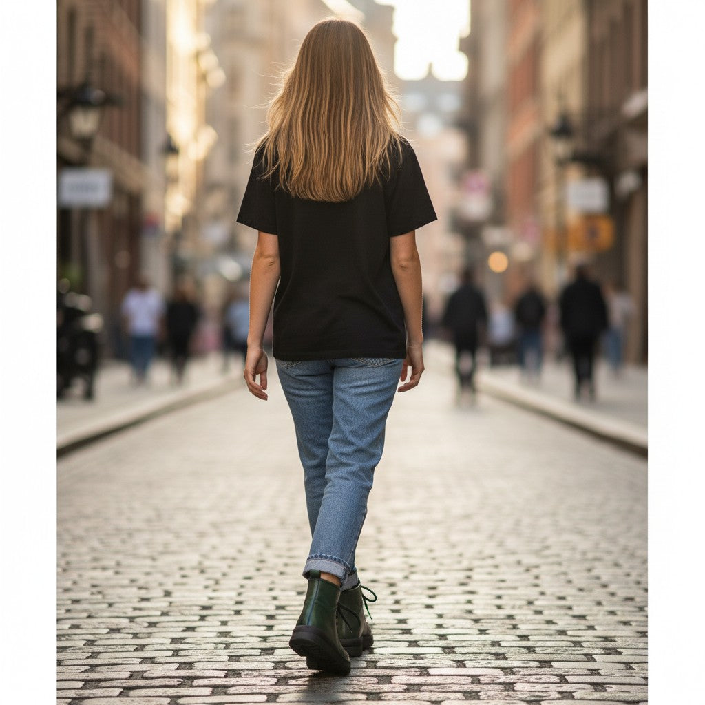 ada-shoes.ro green leather casual boots worn by a woman walking on a cobblestone street in a city
