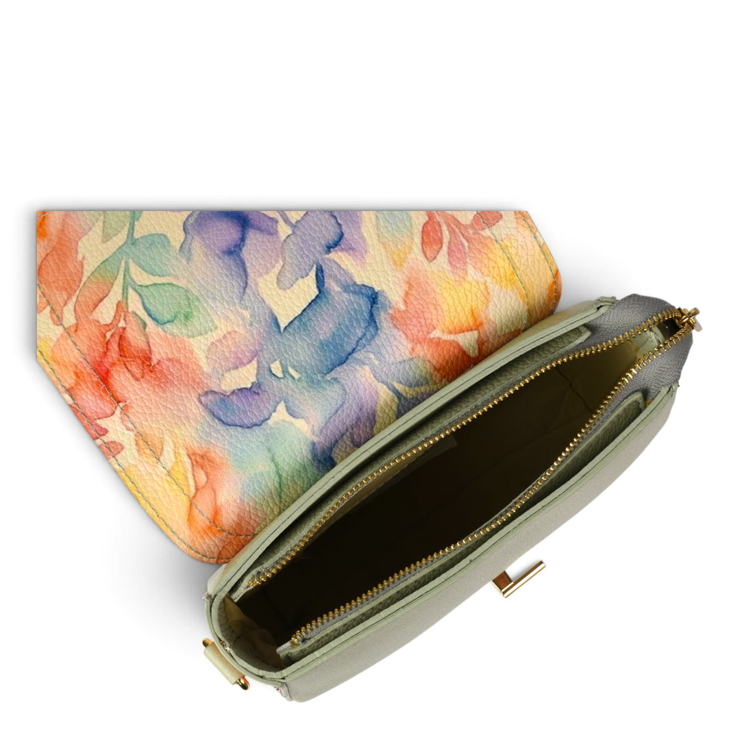 ada-shoes.ro green leather handbag with a floral patterned flap, featuring a zip closure and gold hardware.