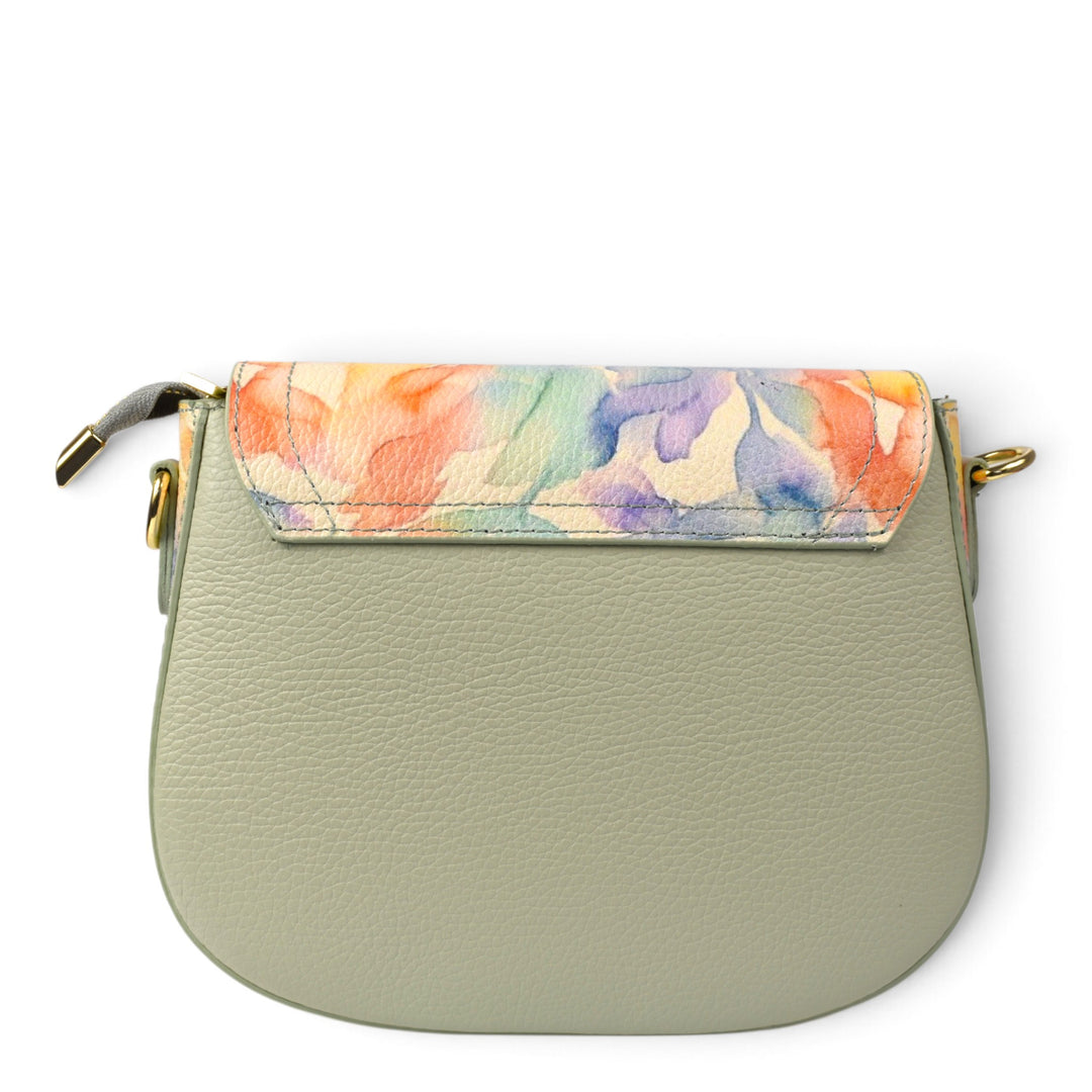 ada-shoes.ro green leather handbag with a multicoloured floral flap and gold hardware details
