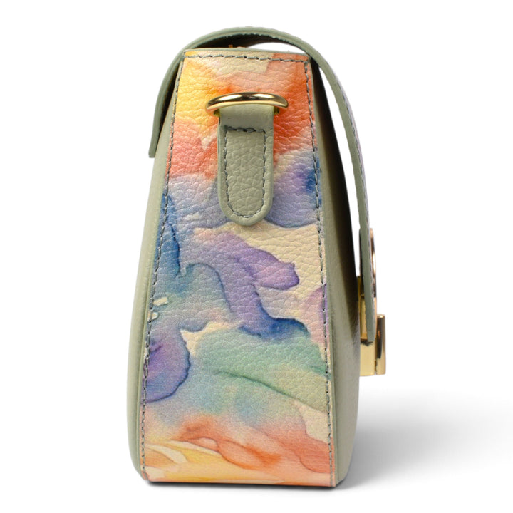 ada-shoes.ro green leather handbag with a multicoloured watercolour pattern and gold hardware side view
