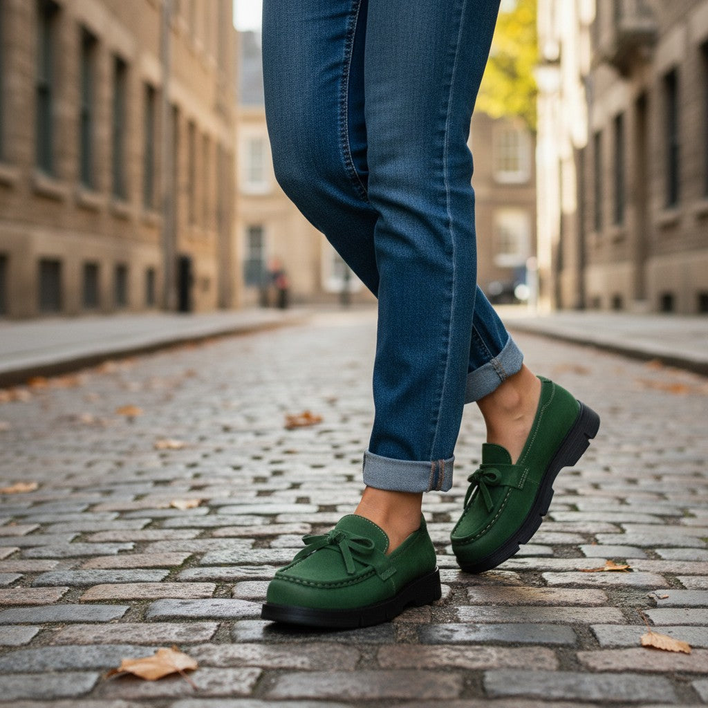 ada-shoes.ro green nubuck leather casual loafers with bow detail worn with blue jeans on a cobblestone street