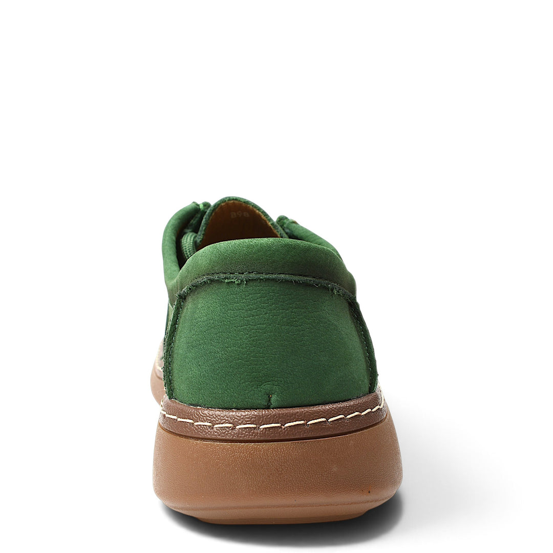 ada-shoes.ro green suede casual shoes with a brown flexible sole, back view showing stitching detail
