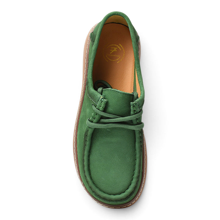 ada-shoes.ro green suede casual shoes with lace-up closure and flexible sole, top view.
